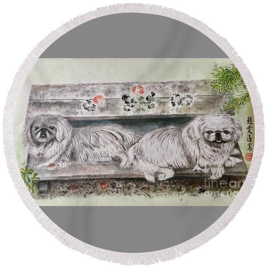 Pekes Dog Round Beach Towel featuring the painting Two Pekes Dogs by Carmen Lam