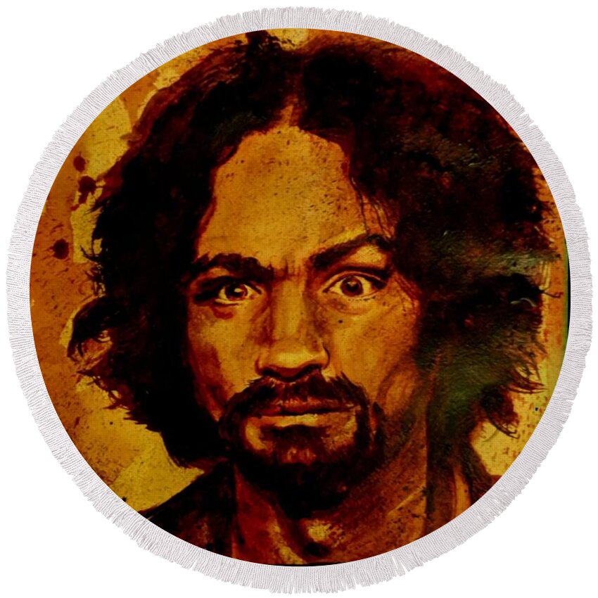 Ryan Almighty Round Beach Towel featuring the painting CHARLES MANSON portrait fresh blood #2 by Ryan Almighty