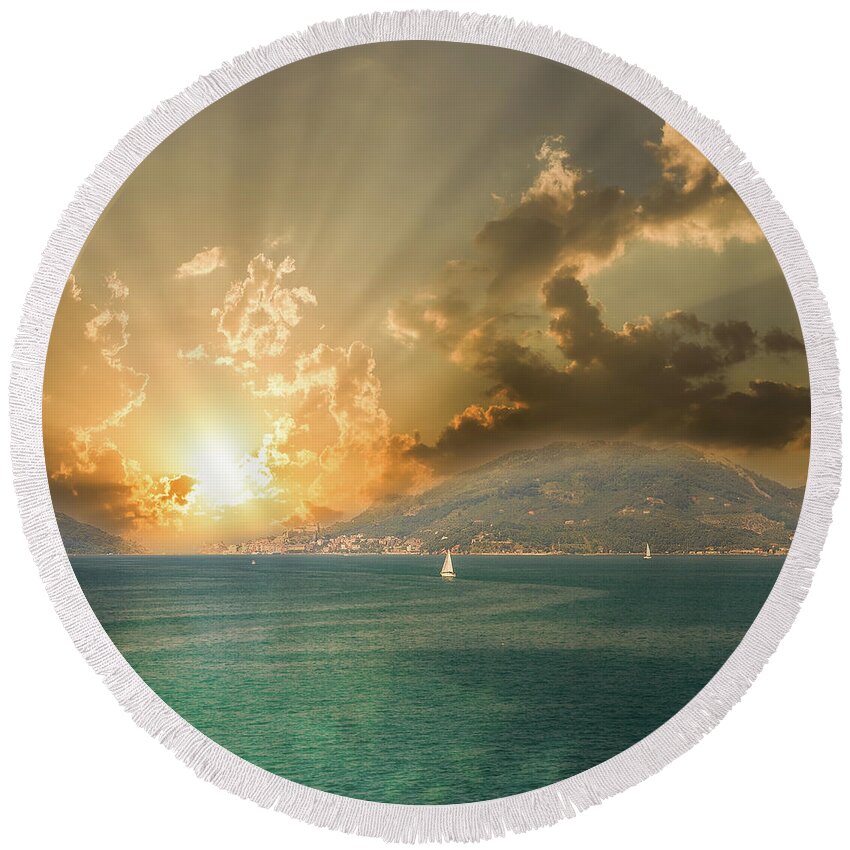 Cinque Round Beach Towel featuring the photograph crystal clear waters of the Cinque Terre coast #2 by Vivida Photo PC