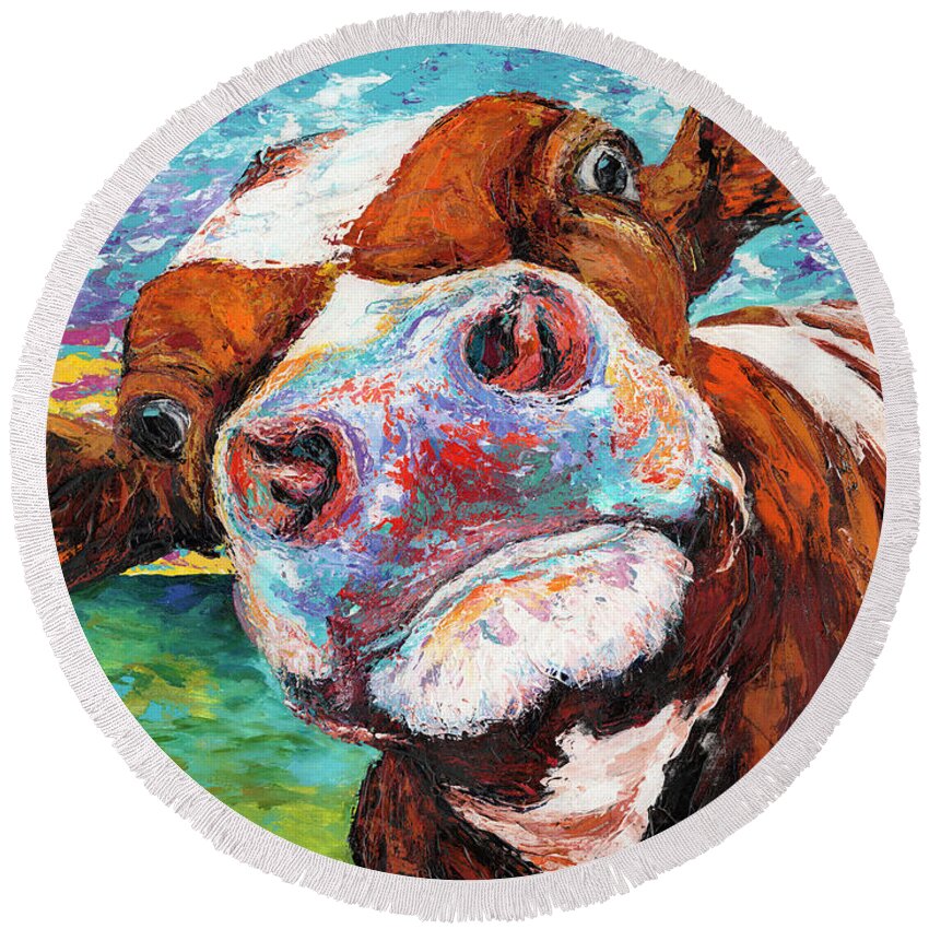 Animals Round Beach Towel featuring the painting Curious Cow I #2 by Carolee Vitaletti