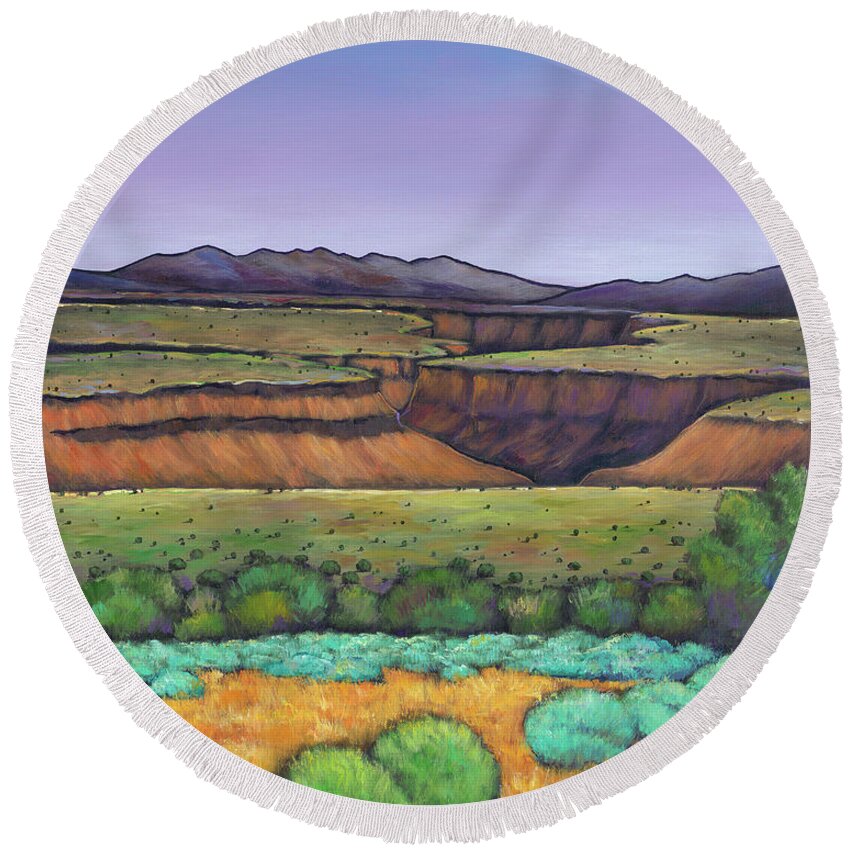 New Mexico Round Beach Towel featuring the painting Desert Gorge by Johnathan Harris