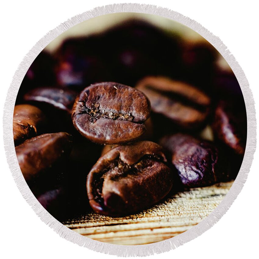 Agriculture Round Beach Towel featuring the photograph Detail of roasted coffee beans, produced in Colombia. #2 by Joaquin Corbalan
