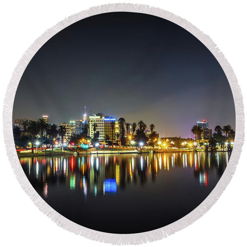 Downtown Round Beach Towel featuring the photograph Downtown Los Angeles Skyline At Night #2 by Alex Grichenko