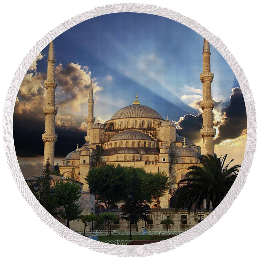 Early Round Beach Towel featuring the photograph Early morning light on Sultan Ahmet Camii #2 by Steve Estvanik