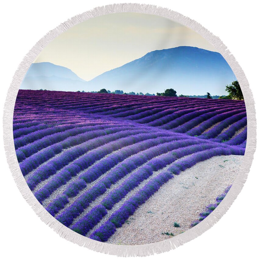 Estock Round Beach Towel featuring the digital art Lavender Field In Provence France #2 by Maurizio Rellini