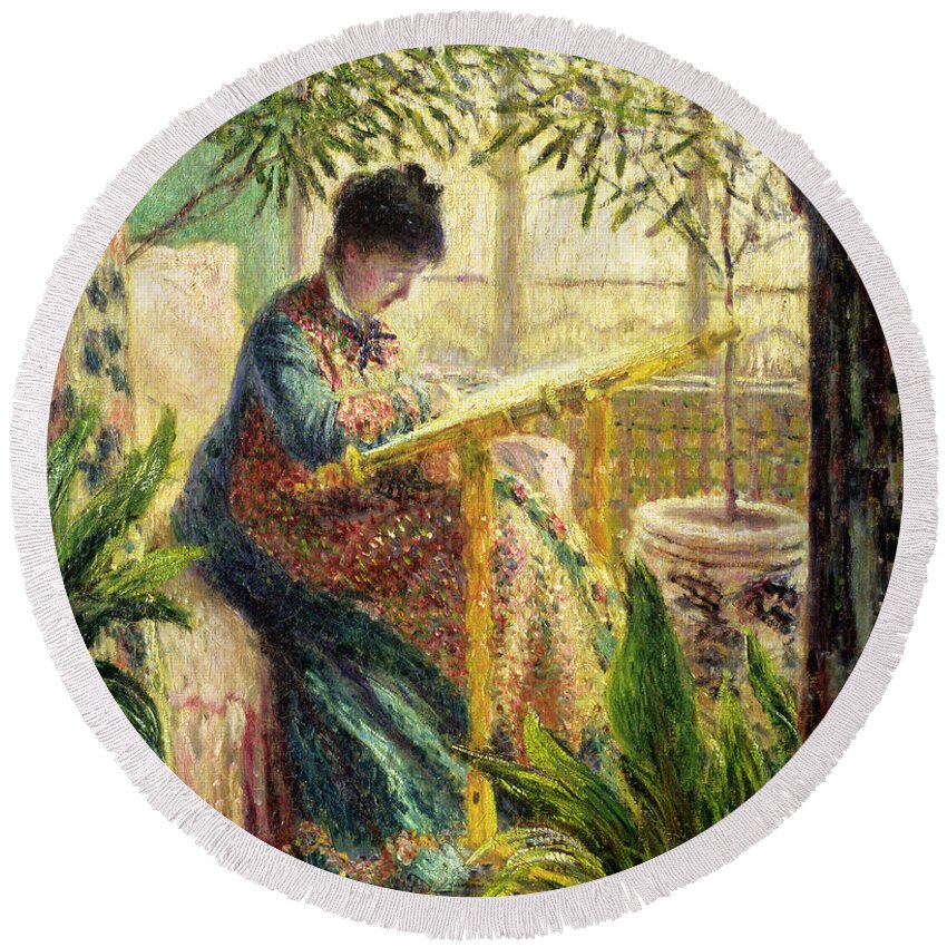 Interior Round Beach Towel featuring the painting Madame Monet Embroidering by Claude Monet