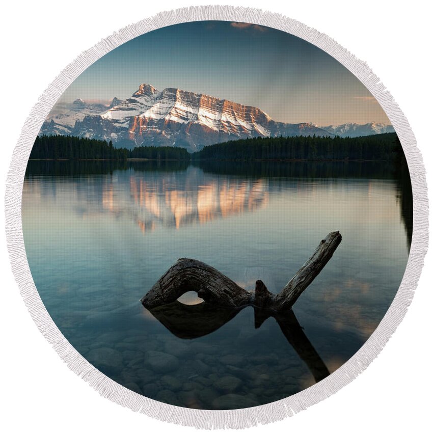 Alberta Round Beach Towel featuring the photograph Mount Rundle and Two Jack Lake #2 by Peter OReilly