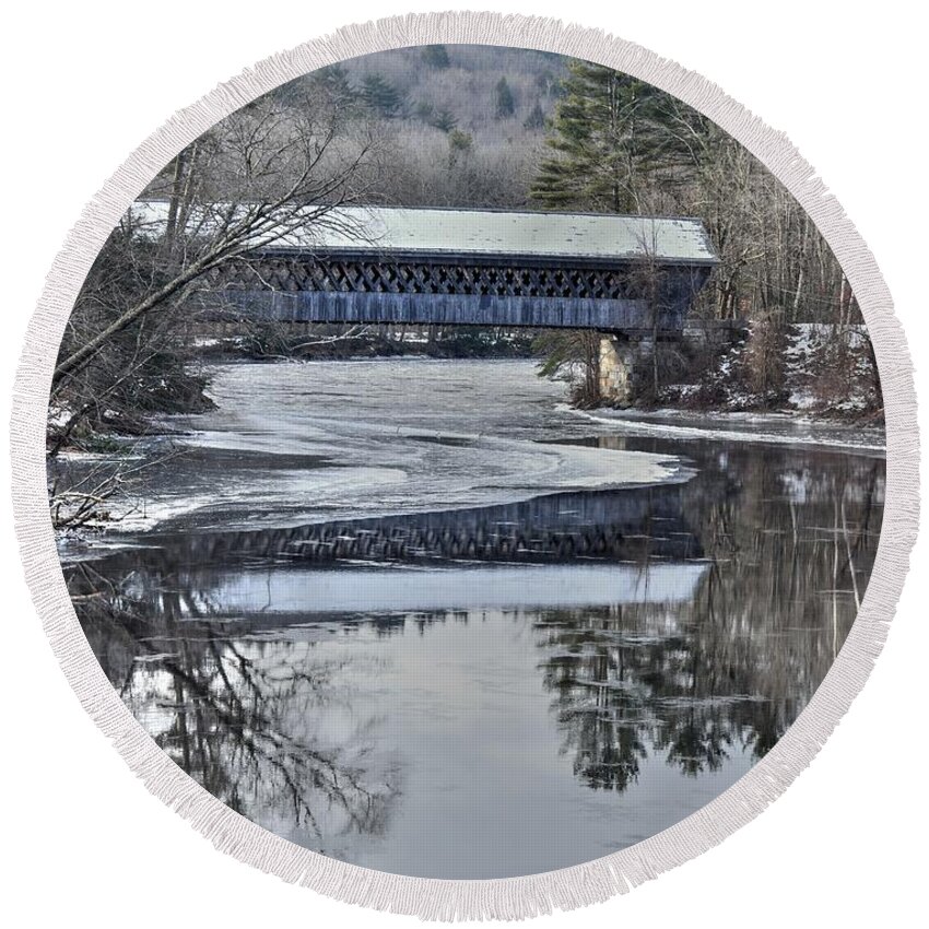 New England Covered Bridge Round Beach Towel featuring the photograph New England College Covered Bridge #2 by Steve Brown