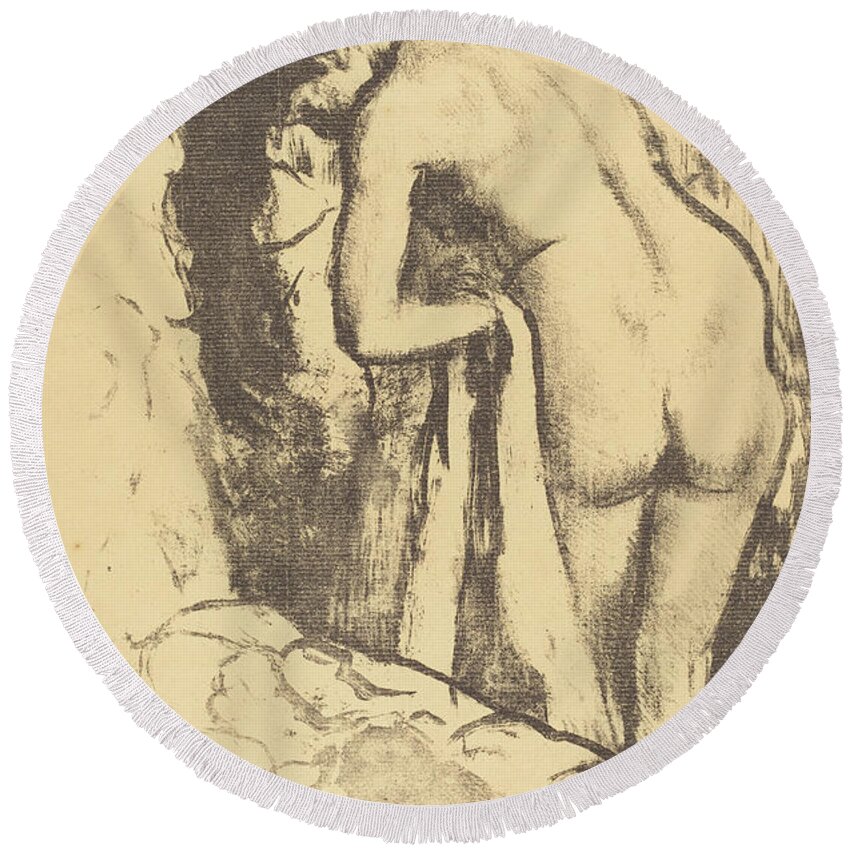 Nude Round Beach Towel featuring the drawing Nude Woman Standing, Drying Herself by Edgar Degas