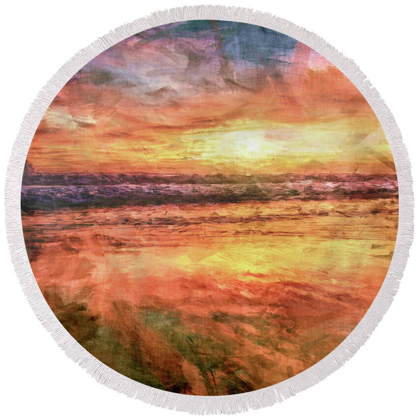 Sandy Beach Round Beach Towel featuring the digital art Ocean Sunrise by Phil Perkins