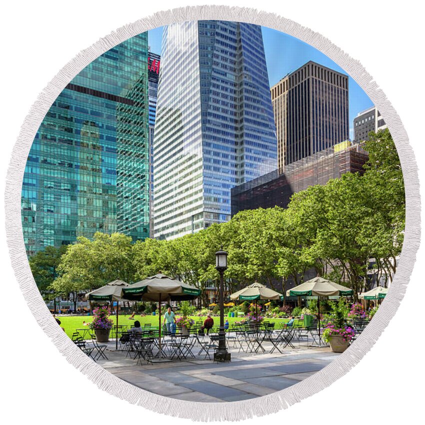 Estock Round Beach Towel featuring the digital art Outdoor Seating, Bryant Park, Nyc #2 by Lumiere