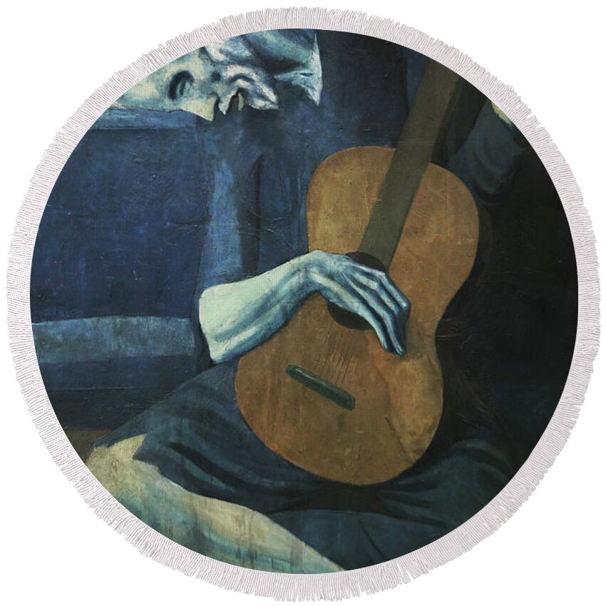Old Round Beach Towel featuring the painting The Old Guitarist by Pablo Picasso