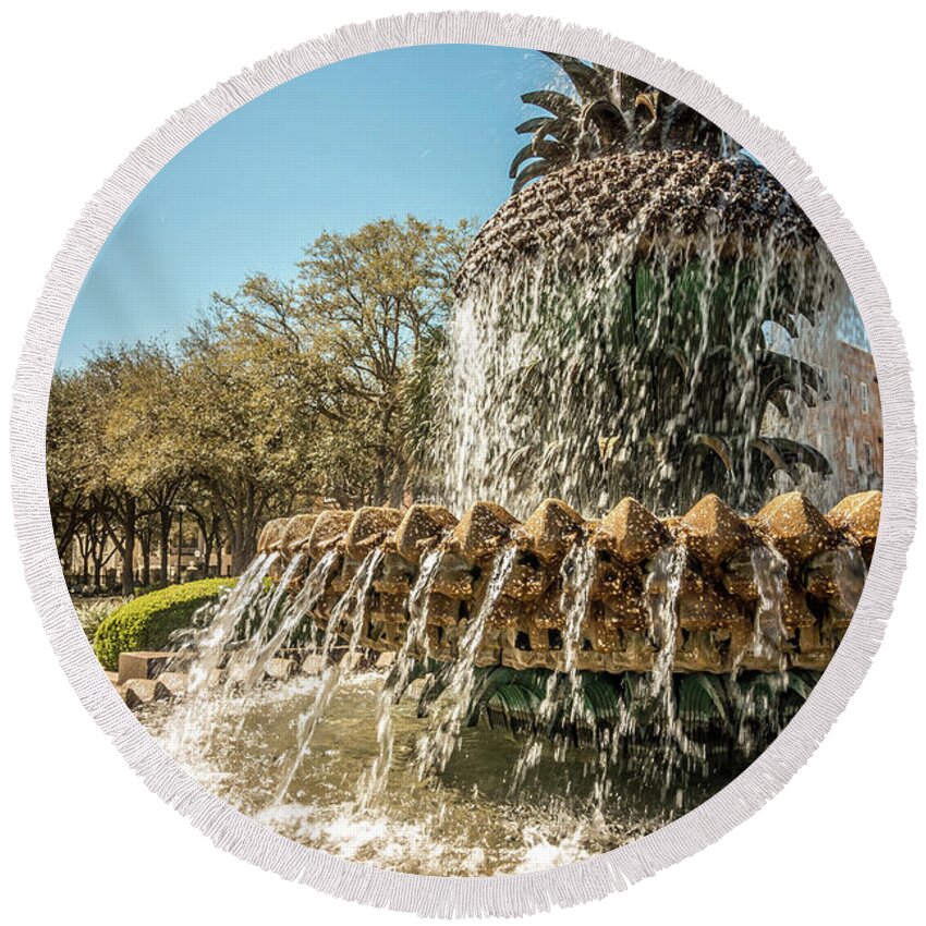 Charleston Round Beach Towel featuring the photograph The Pineapple Fountain, at the Waterfront Park in Charleston #2 by Alex Grichenko