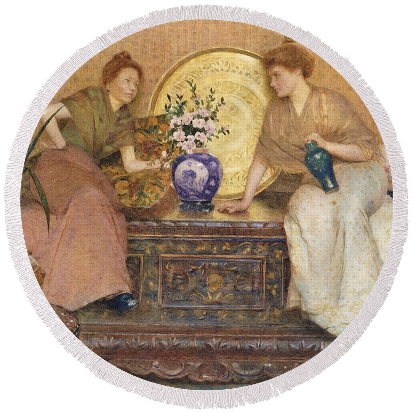 Friend Round Beach Towel featuring the painting Two Ladies Sitting On A Chest By A Cairo Ware Tray And A Vase Of Flowers by Hector Caffieri