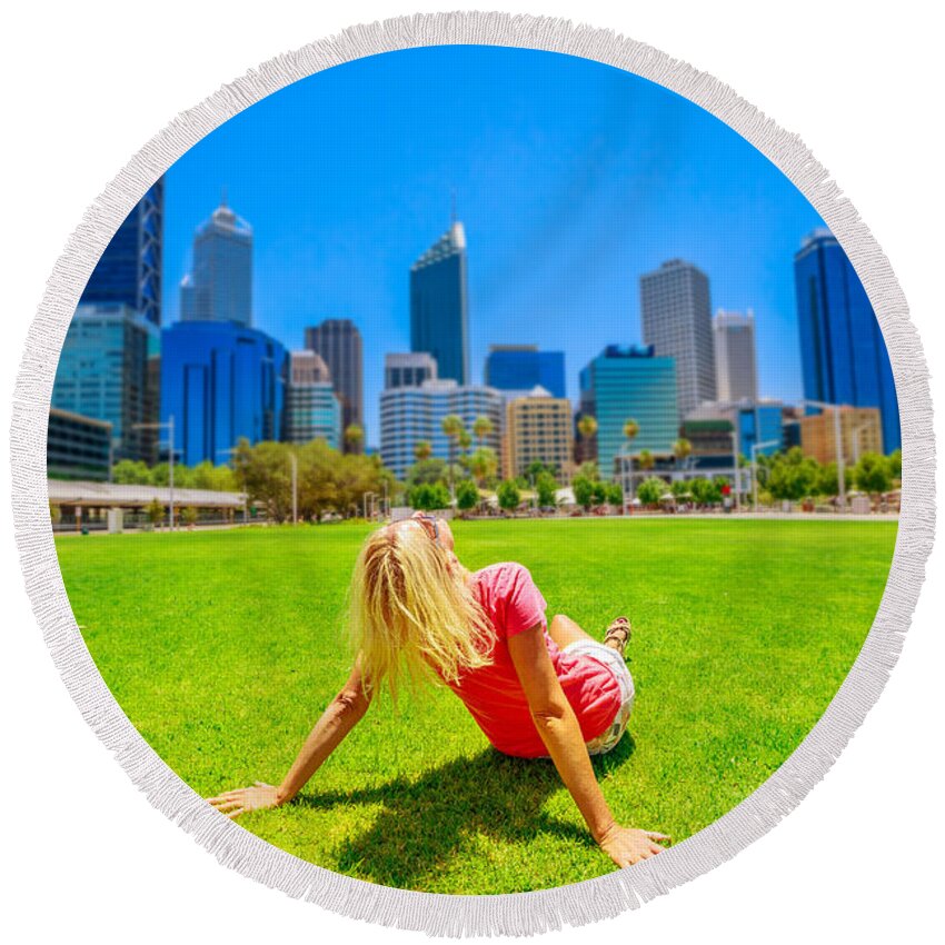 Perth Round Beach Towel featuring the photograph Woman looking Perth Skyline #2 by Benny Marty