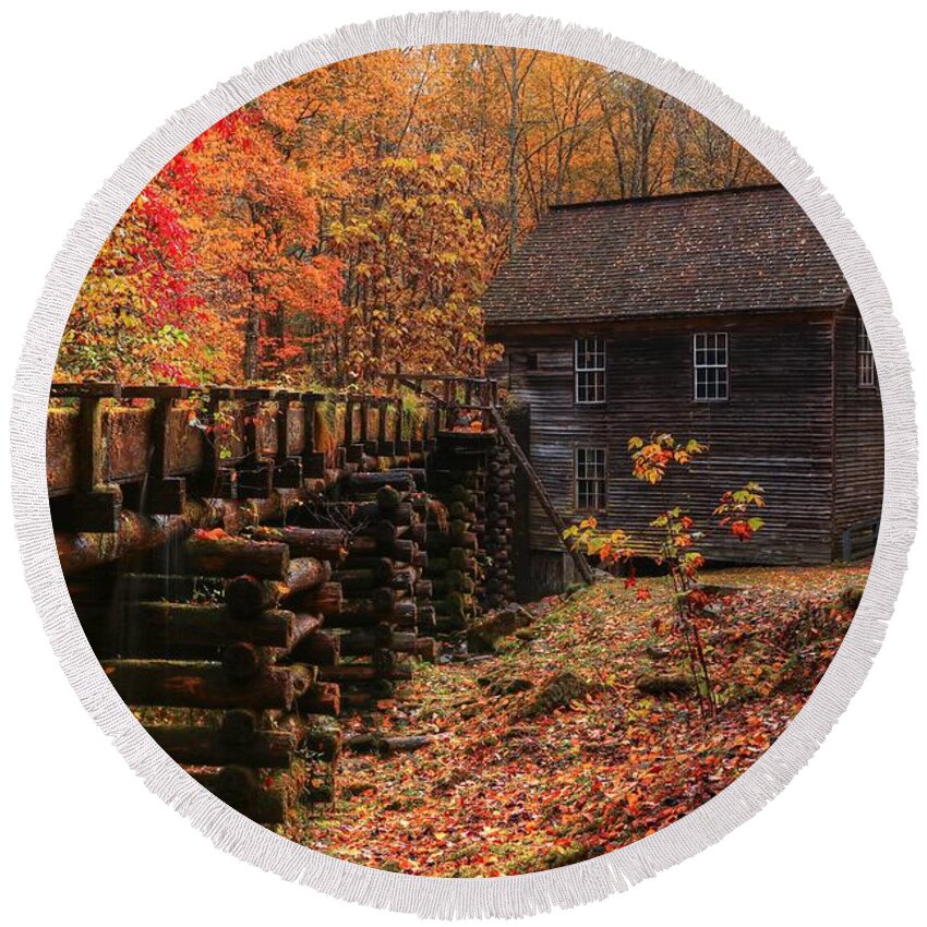 Mingus Mill Round Beach Towel featuring the photograph 2019 Mingus Mill During Fall In The Great Smoky Mountain National Park II by Carol Montoya