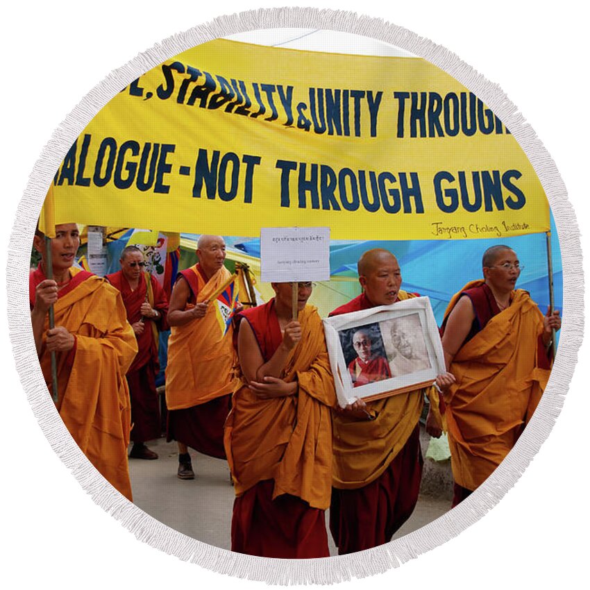 March For Peace Round Beach Towel featuring the digital art Tibetan Protest to return Tibet to Tibetans #21 by Carol Ailles