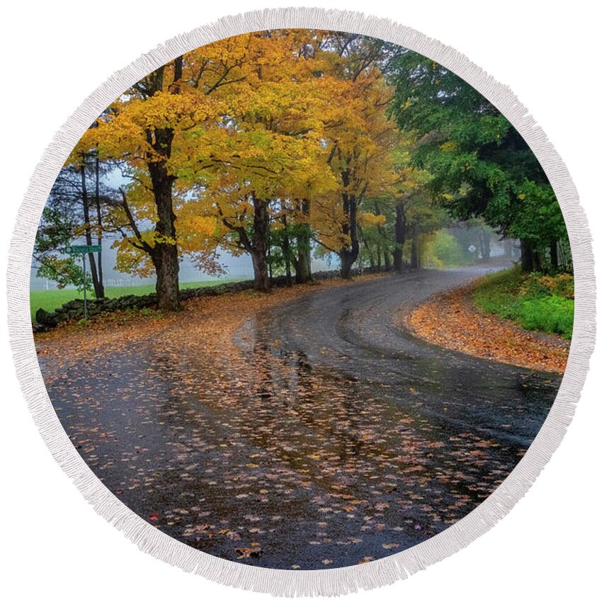 Spofford Lake New Hampshire Round Beach Towel featuring the photograph Autumn Road #3 by Tom Singleton