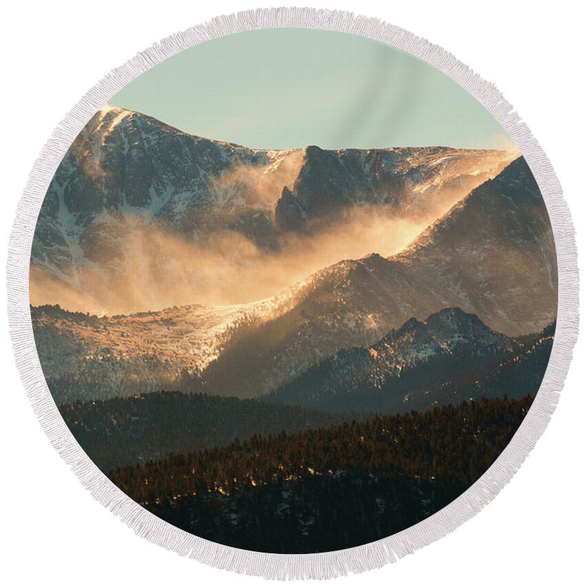 Pike National Forest Round Beach Towel featuring the photograph Blowing Snow on Pikes Peak Colorado #3 by Steven Krull