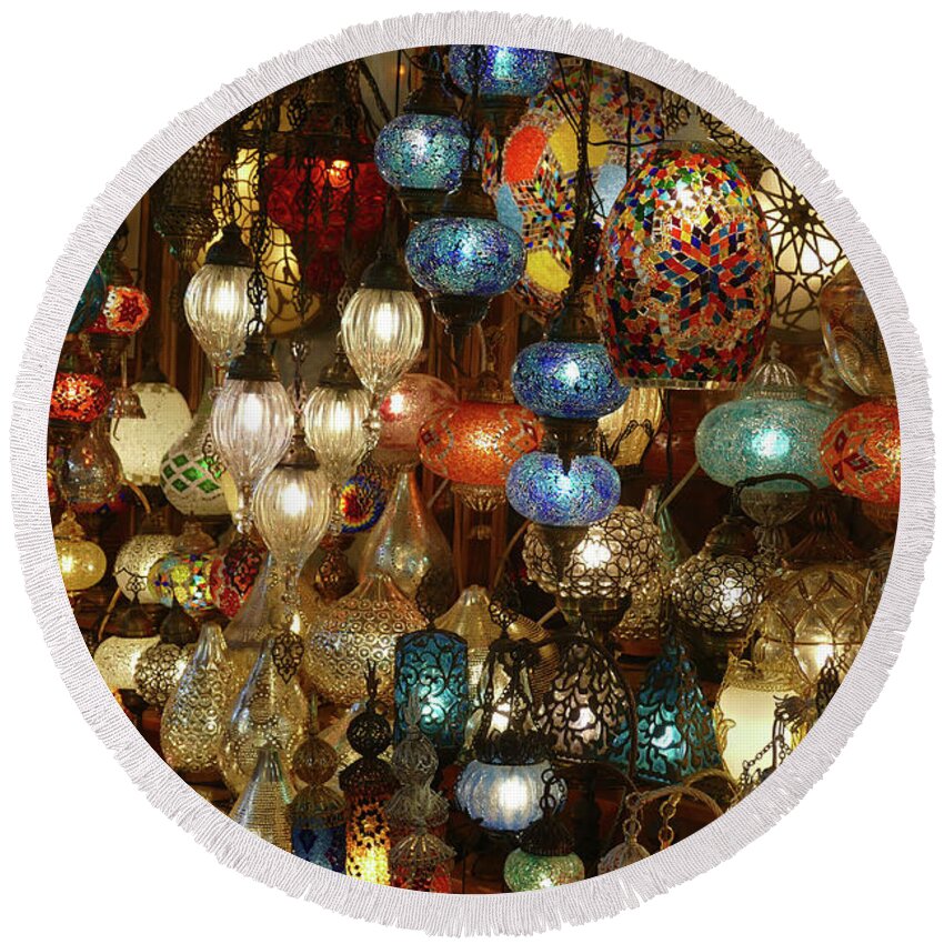 Grand Bazaar Round Beach Towel featuring the photograph Exquisite glass lamps and lanterns in the Grand Bazaar #3 by Steve Estvanik