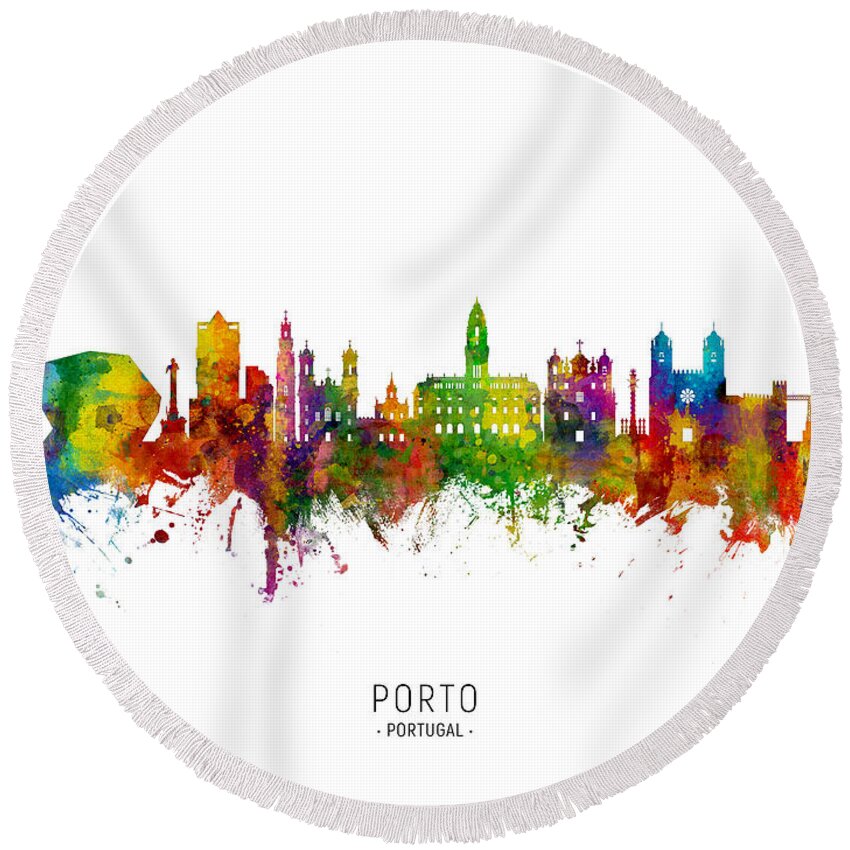 Porto Round Beach Towel featuring the digital art Porto Portugal Skyline by Michael Tompsett