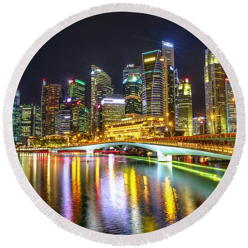 Singapore Round Beach Towel featuring the photograph Singapore Skyline by night #3 by Benny Marty