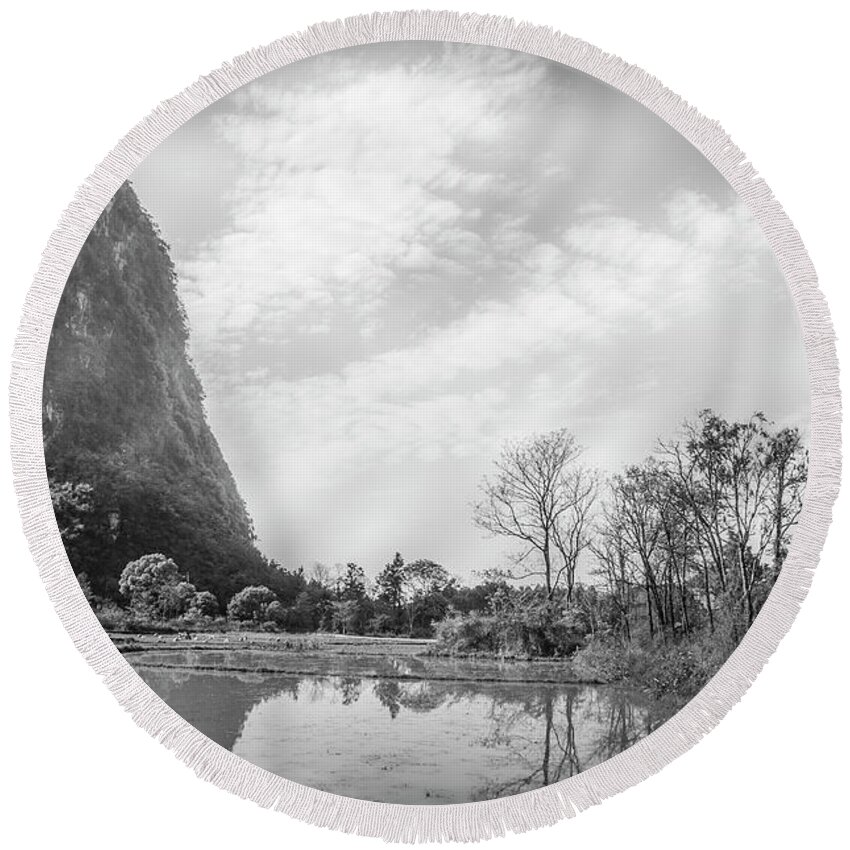 Black And Write Round Beach Towel featuring the photograph The mountains and countryside scenery in spring #31 by Carl Ning