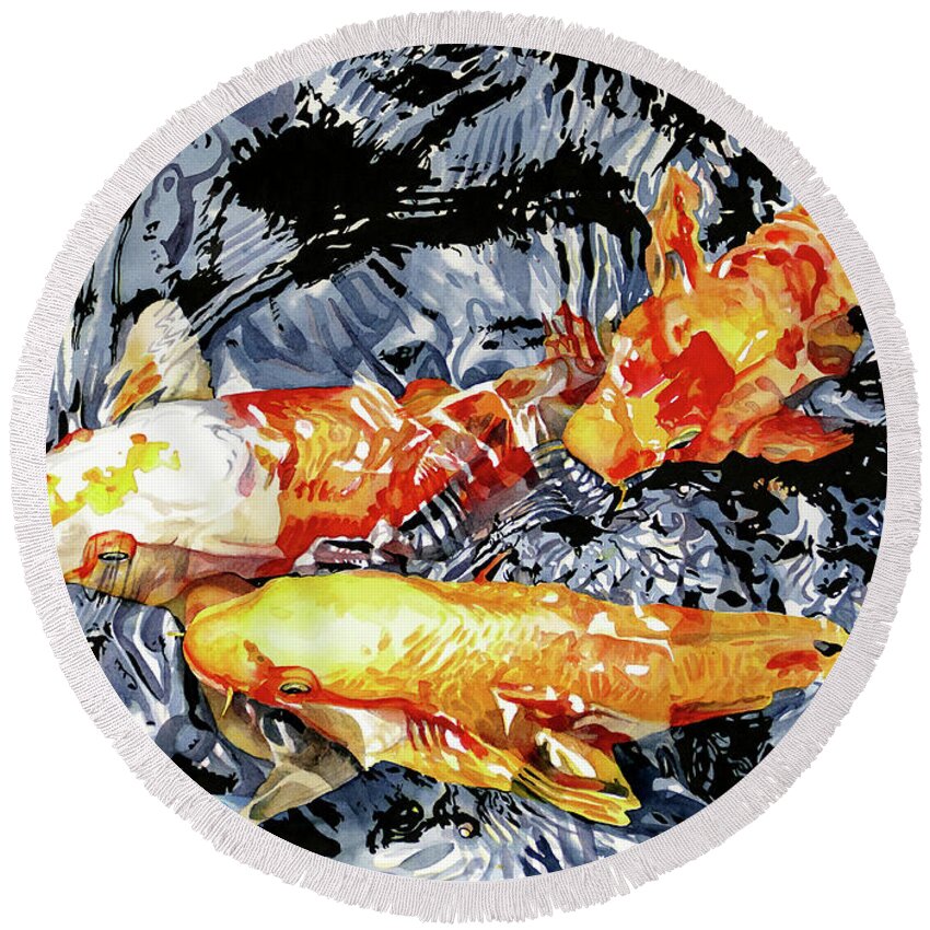 Koi Round Beach Towel featuring the painting #326 Koi and Ripples #326 by William Lum