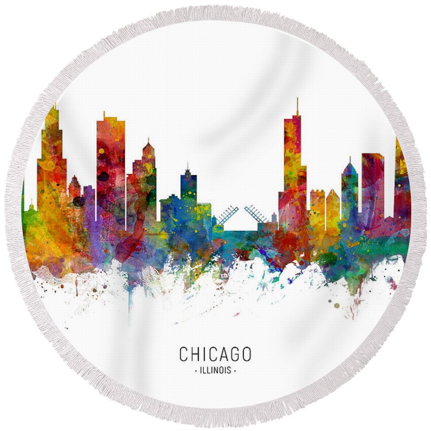 Chicago Round Beach Towel featuring the digital art Chicago Illinois Skyline #37 by Michael Tompsett
