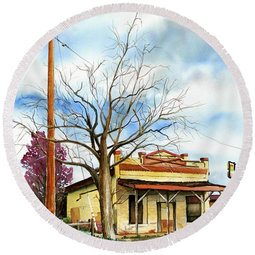 Sheridan Round Beach Towel featuring the painting #373 Sheridan Country Store #373 by William Lum