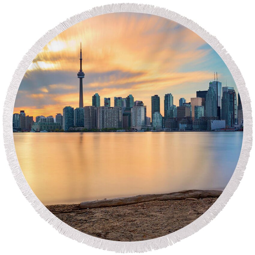Estock Round Beach Towel featuring the digital art Canada, Toronto, Skyline At Sunset #4 by Pietro Canali