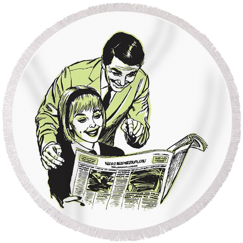 Adult Round Beach Towel featuring the drawing Couple Reading Newspaper Together #4 by CSA Images