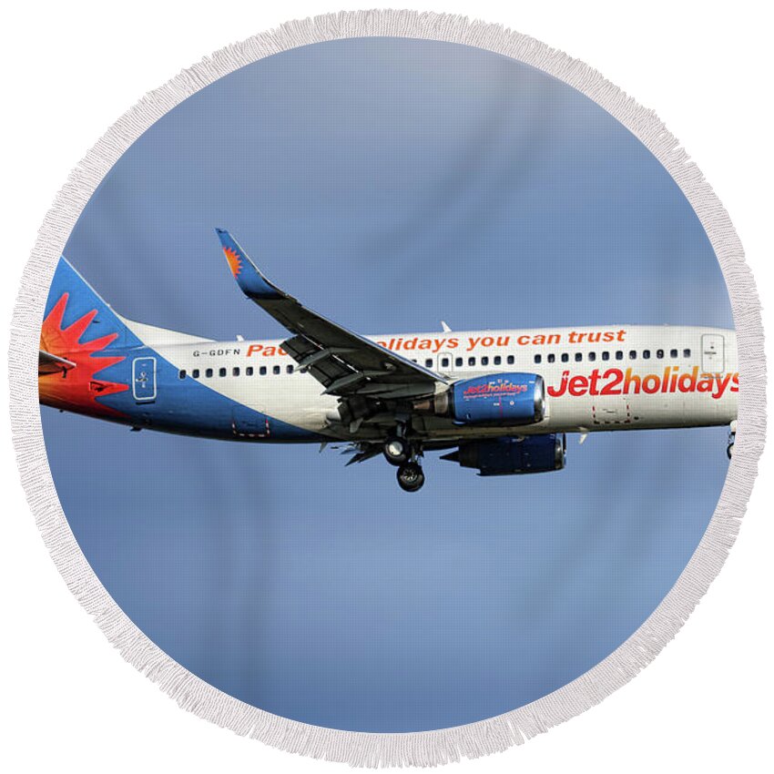 Jet2 Round Beach Towel featuring the mixed media Jet2 Boeing 737-33V #4 by Smart Aviation