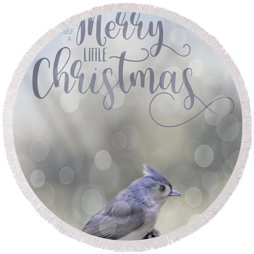 Titmouse Round Beach Towel featuring the photograph Merry Christmas by Cathy Kovarik