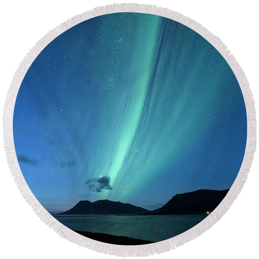 Estock Round Beach Towel featuring the digital art Northern Lights, Iceland #4 by Vincenzo Mazza