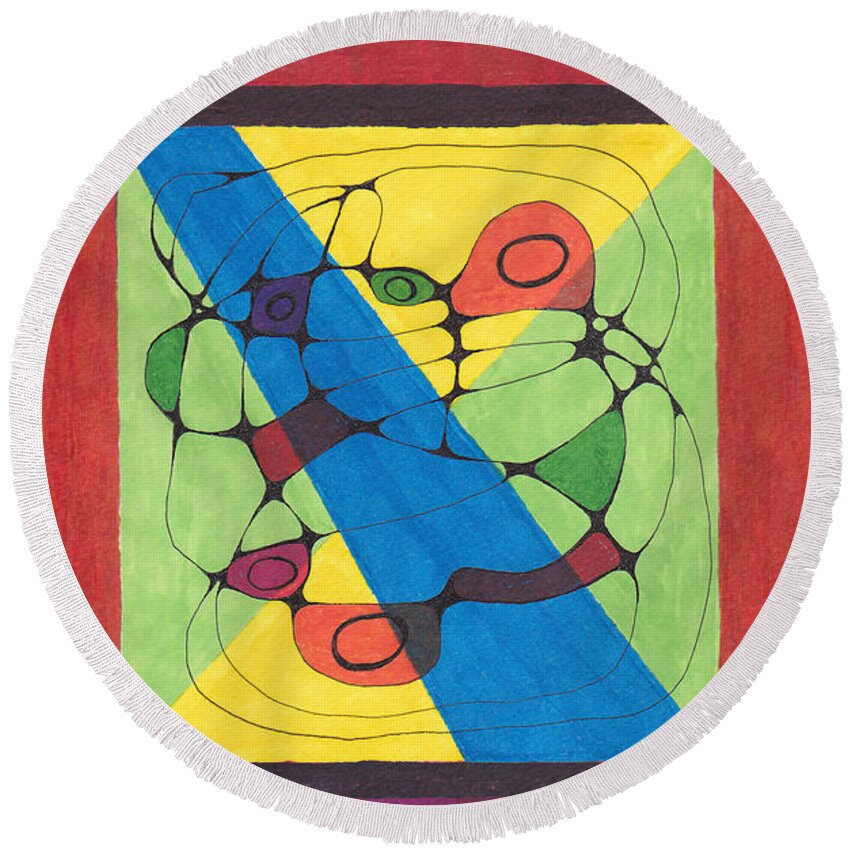 Lew Hagood Round Beach Towel featuring the mixed media 46.AB.1 Abstract by Lew Hagood