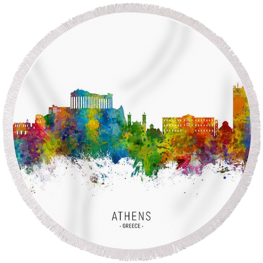 Athens Round Beach Towel featuring the digital art Athens Greece Skyline by Michael Tompsett