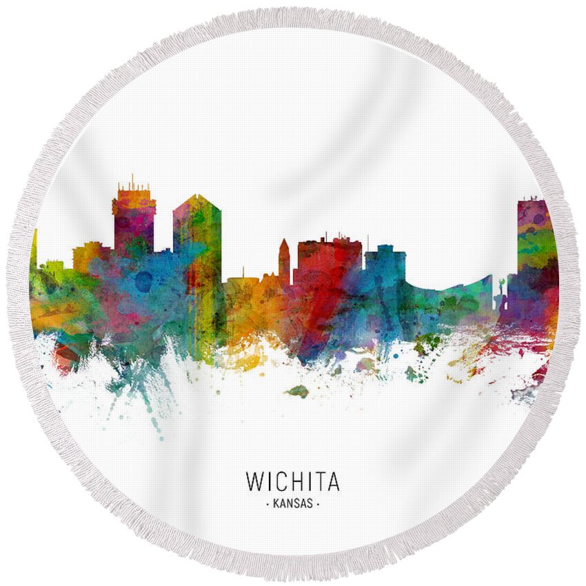 Wichita Round Beach Towel featuring the digital art Wichita Kansas Skyline by Michael Tompsett