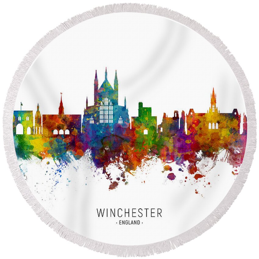 Winchester Round Beach Towel featuring the digital art Winchester England Skyline by Michael Tompsett