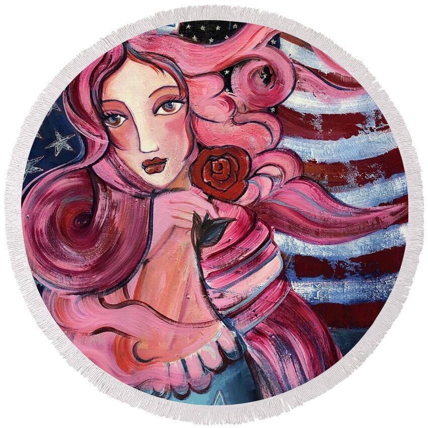 Statue Of Liberty Round Beach Towel featuring the painting 50 Stars for Venus by Laurie Maves ART