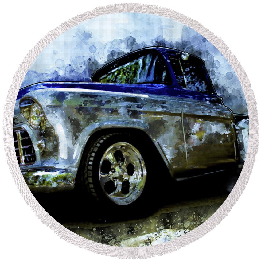 1956 Round Beach Towel featuring the digital art 56 Chevro Pickup Dreaming of Chrome by Chas Sinklier