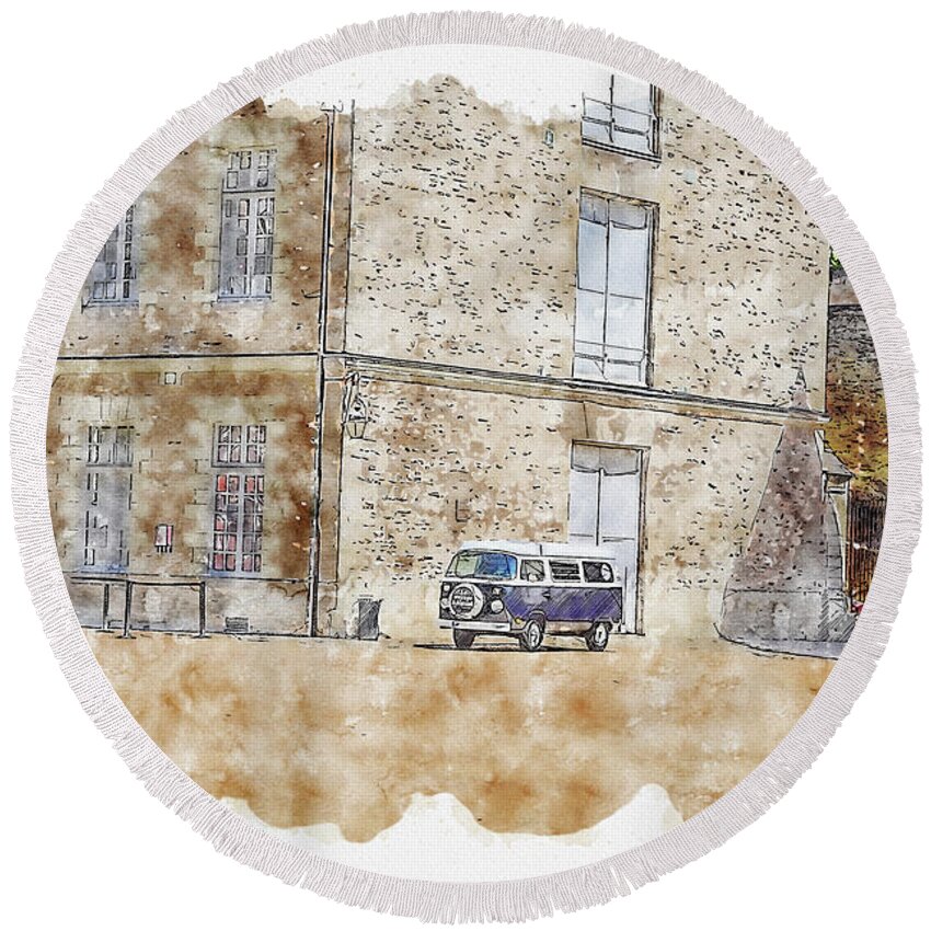 Architecture Round Beach Towel featuring the digital art Architecture #watercolor #sketch #architecture #castle #6 by TintoDesigns