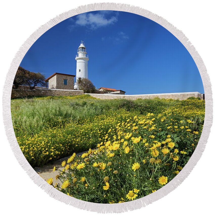 Estock Round Beach Towel featuring the digital art Lighthouse In Kato Pahos, Cyprus #6 by Reinhard Schmid