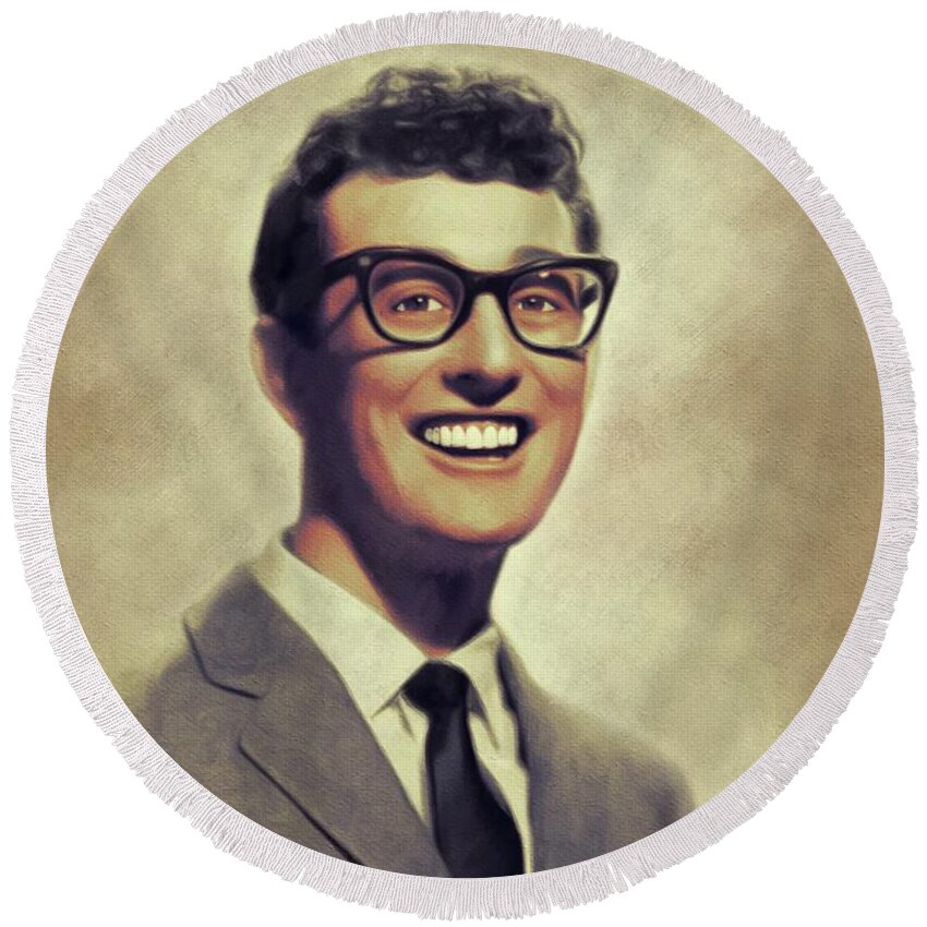 Buddy Round Beach Towel featuring the painting Buddy Holly, Music Legend #7 by Esoterica Art Agency