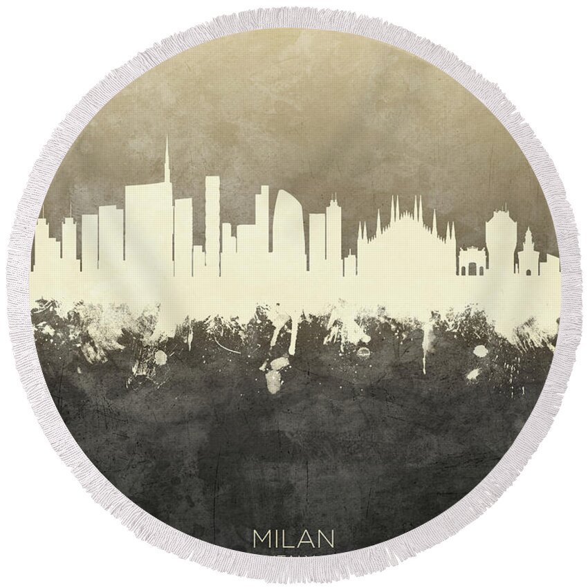 Milan Round Beach Towel featuring the digital art Milan Italy Skyline by Michael Tompsett