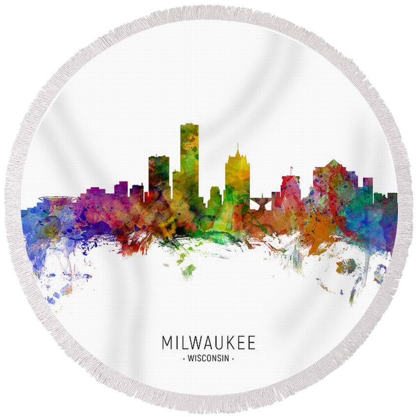 Milwaukee Round Beach Towel featuring the digital art Milwaukee Wisconsin Skyline #9 by Michael Tompsett