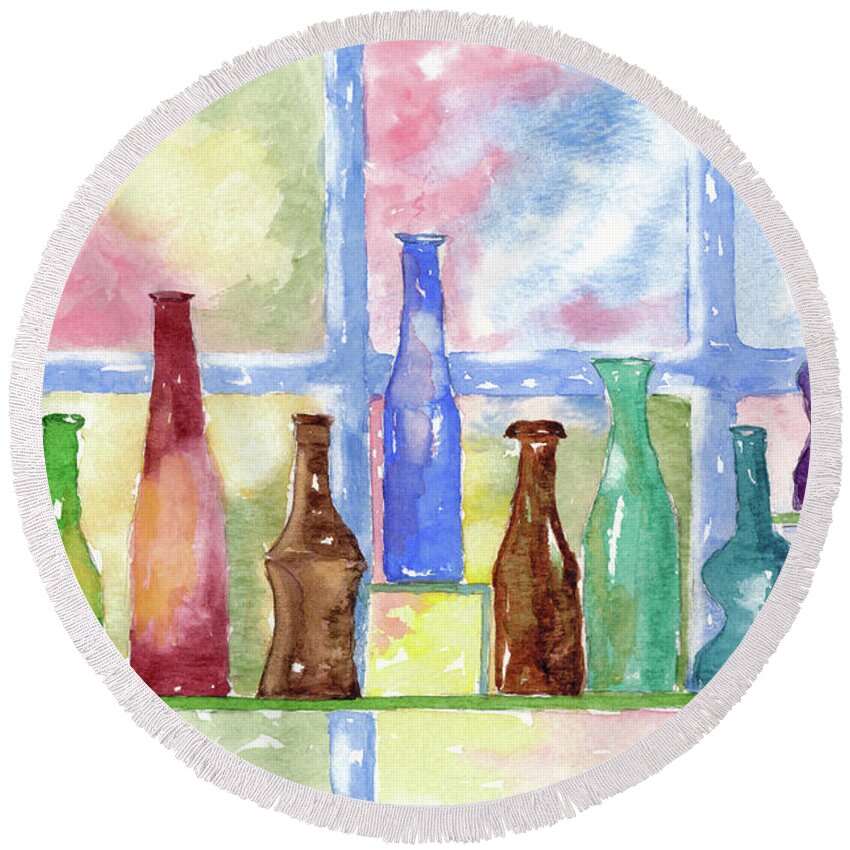 Colored Round Beach Towel featuring the painting 99 Bottles by Richard Stedman