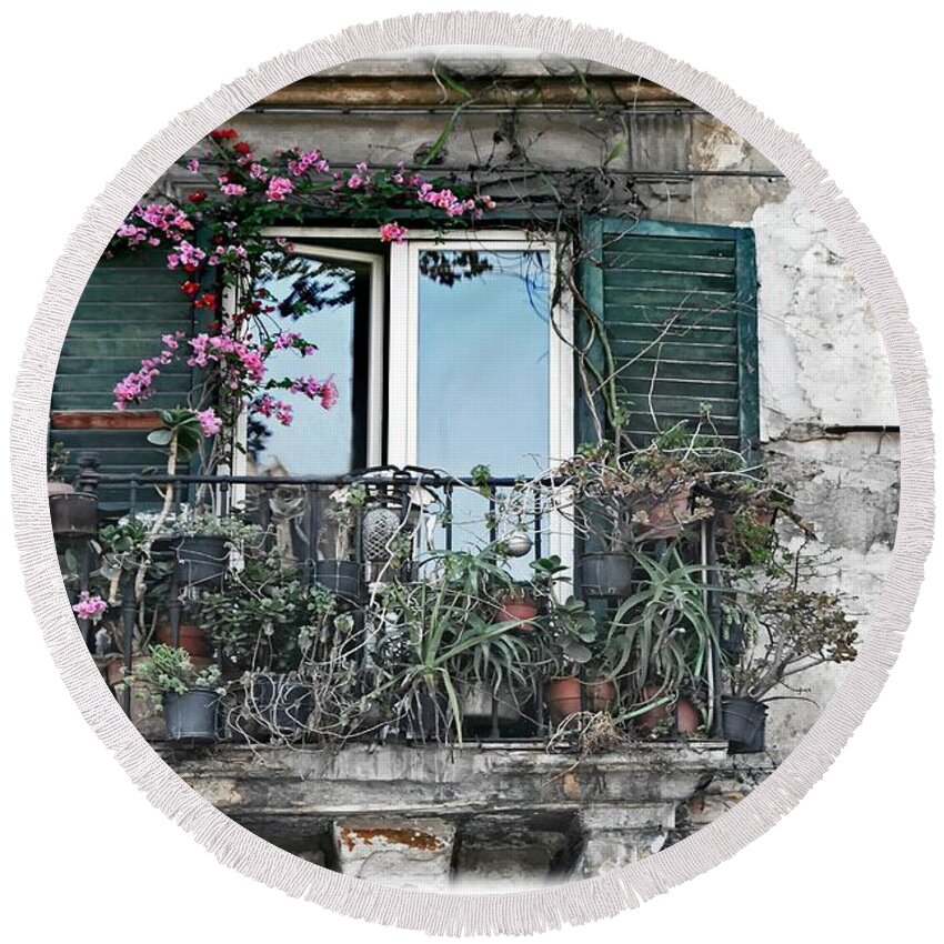 Window Box Round Beach Towel featuring the photograph A Balcony in Palermo by David Birchall
