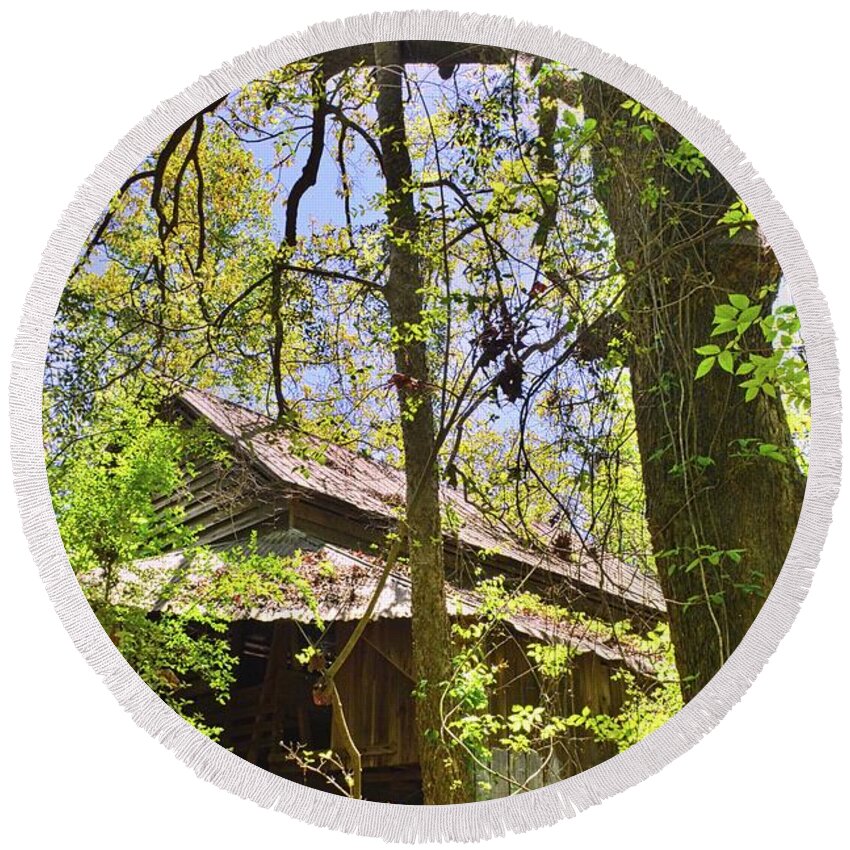 A Barn Among The Trees Vertical Round Beach Towel featuring the photograph A Barn Among The Trees Vertical by Lisa Wooten
