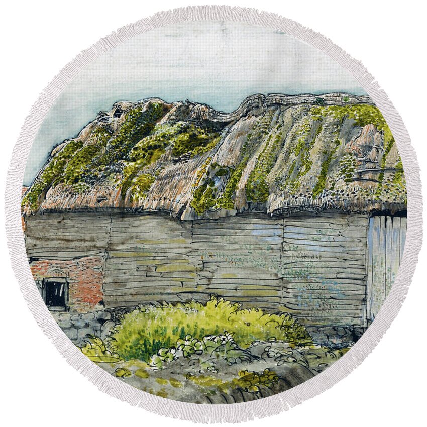Samuel Palmer Round Beach Towel featuring the painting A Barn with a Mossy Roof, Shoreham - Digital Remastered Edition by Samuel Palmer
